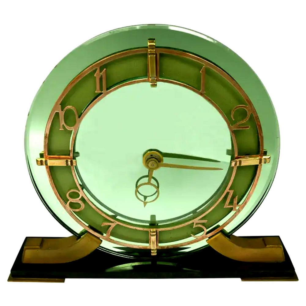 Art Deco Green Mirror Glass Mantle Clock by Smiths Clock Company, c1940