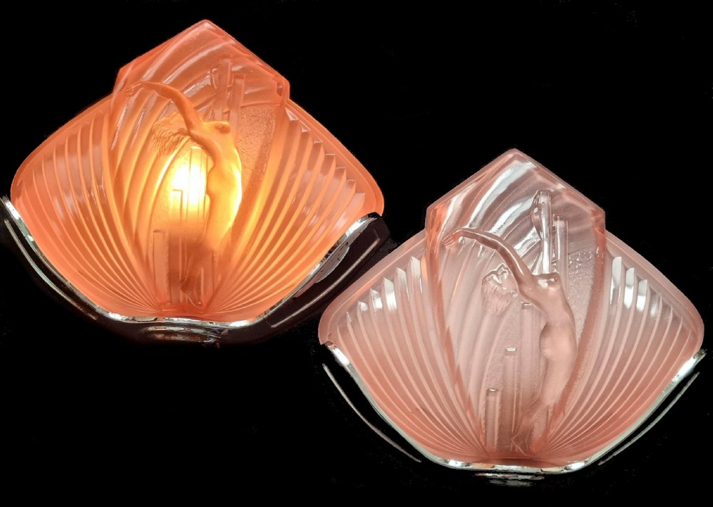Art Deco Glamourous Matching Pair of Nude Female Wall Lights, c1930s