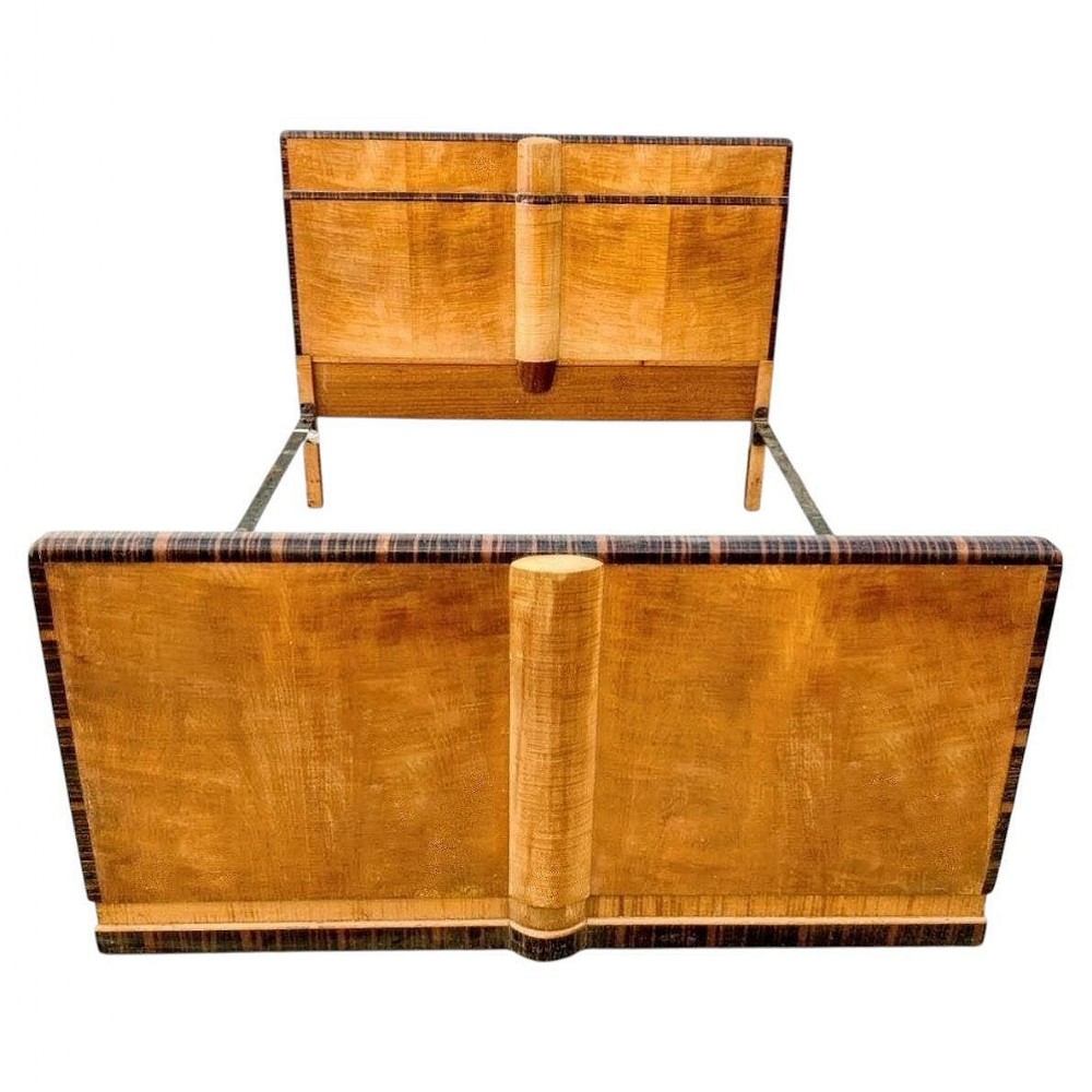Art Deco Satinwood & Macassar Blonde double Bed, c1930