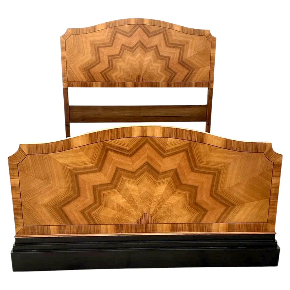 Spectacular Art Deco Walnut Double Bed, English, c1930