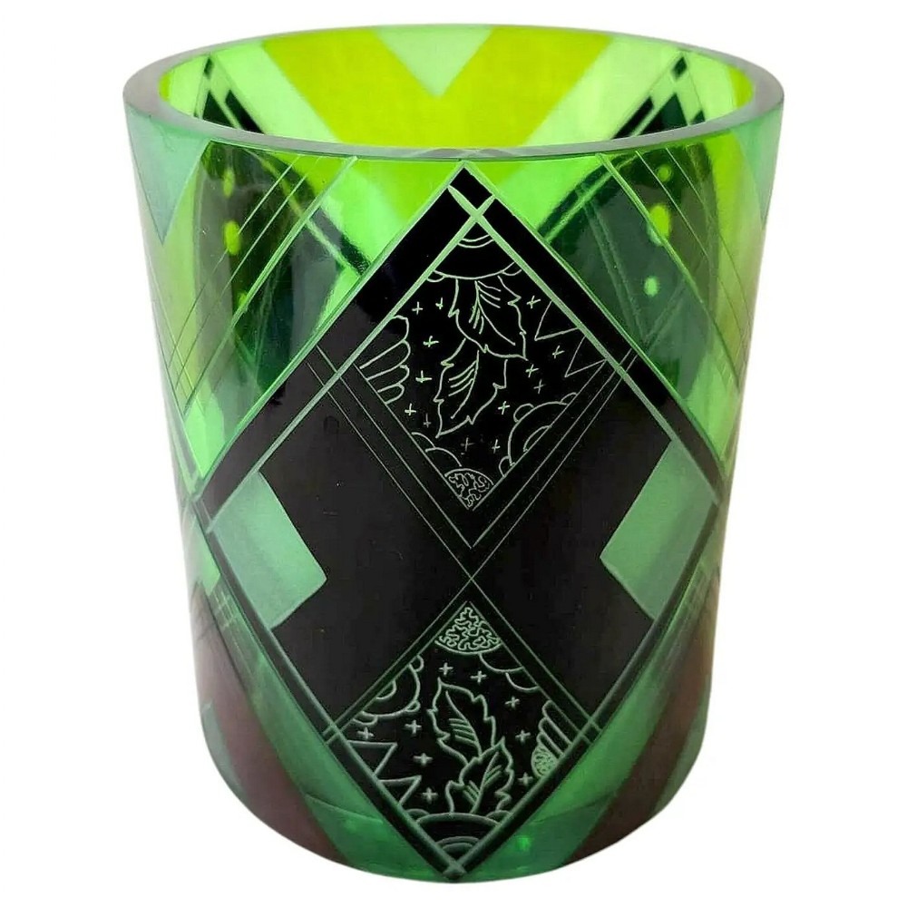Spectacular Art Deco Uranium Round Glass Vase By Karl Palda, c1930
