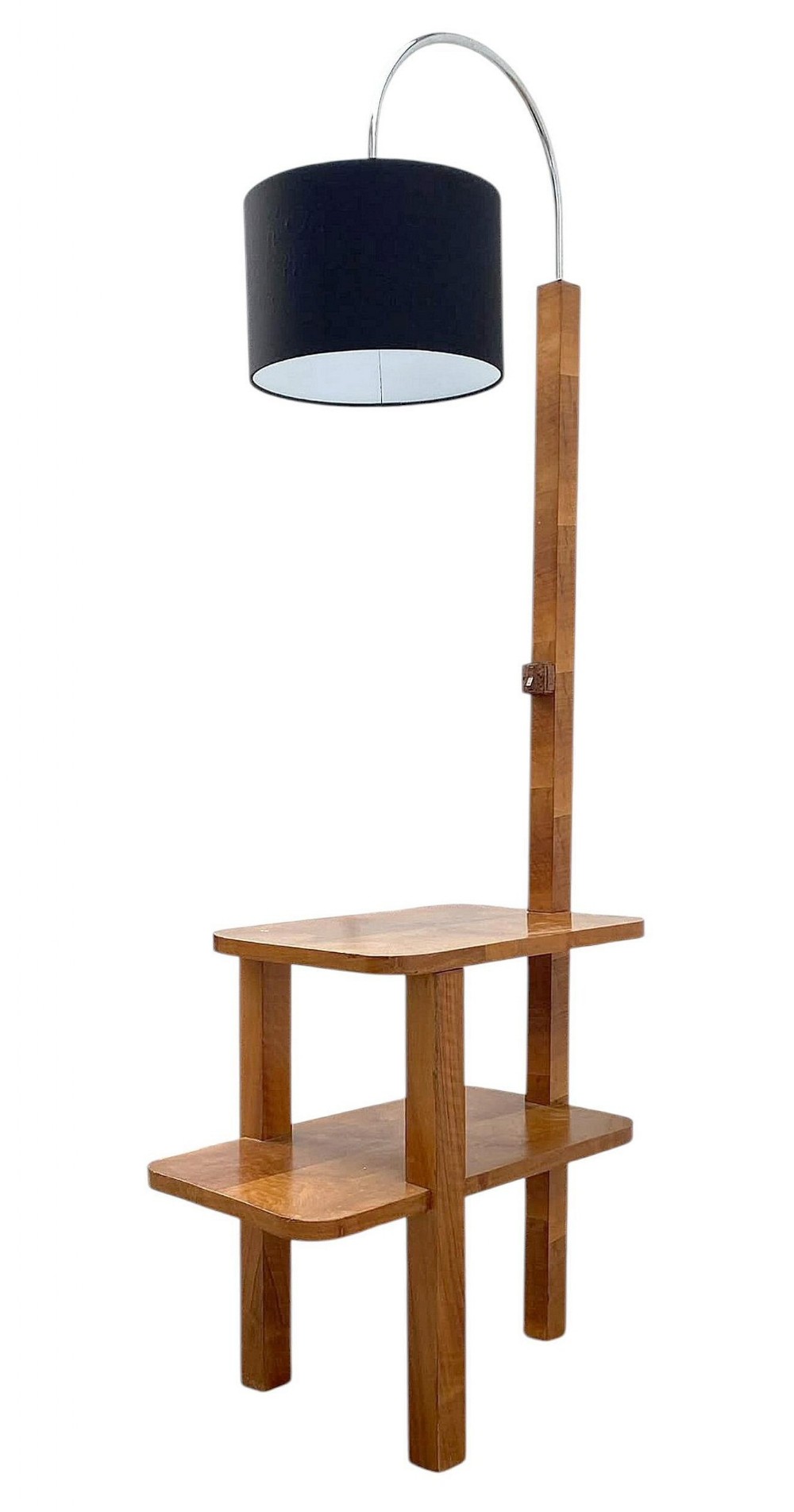 An Art Deco walnut floor lamp featuring an integrated two-tier side table, a curved chrome neck, and a black cylindrical shade.