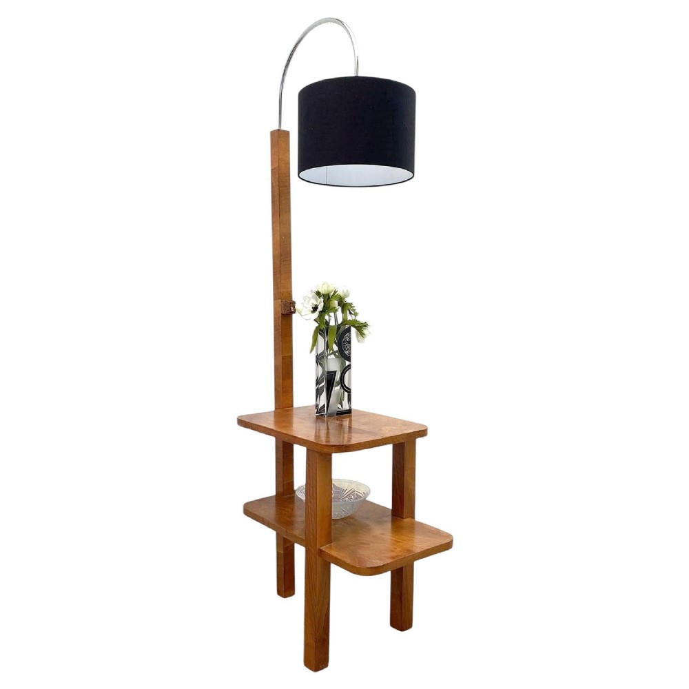 An Art Deco walnut floor lamp featuring an integrated two-tier side table, a curved chrome neck, and a black cylindrical shade. View XI