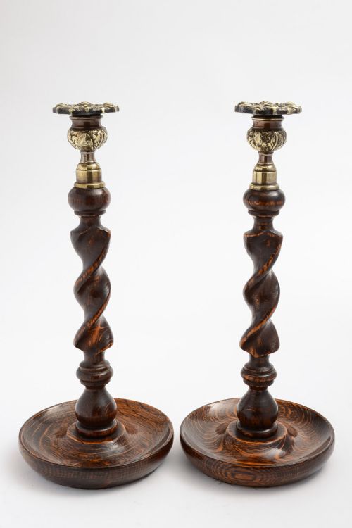 Pair of Barley Twist, Oak & Brass Candlestick Holders