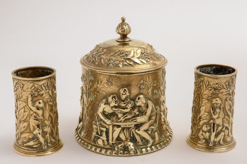 Art Gold Bronze Elkington Tobacco Box with Matching Spill Holders