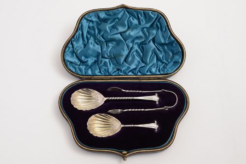 Cased Silver Caddy Spoon, Jam Spoon and Tongs in Original Box.
