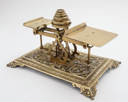 Set of Victorian Postal Scales Complete with Weights.