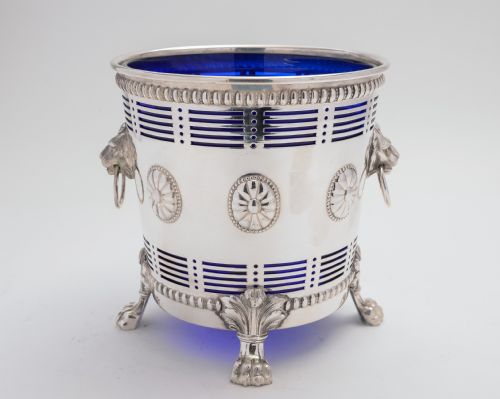 1920s Silver Plated Ice Bucket with Cobalt Blue Liner.