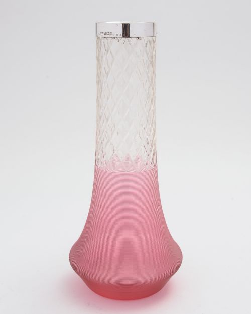 Edwardian Cranberry Threaded and Diamond Cut Glass with Silver Top Vase