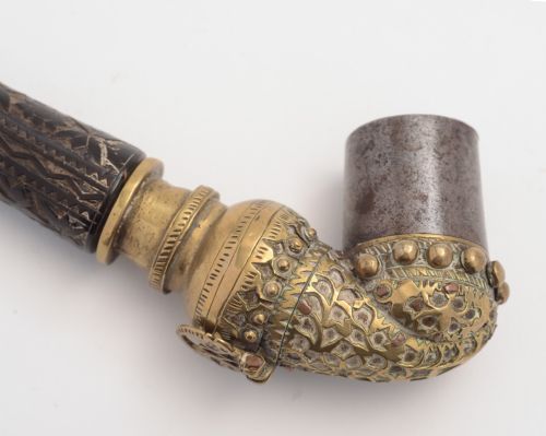 

19thc Oriental Pipe with Brass and Steel Bowl.