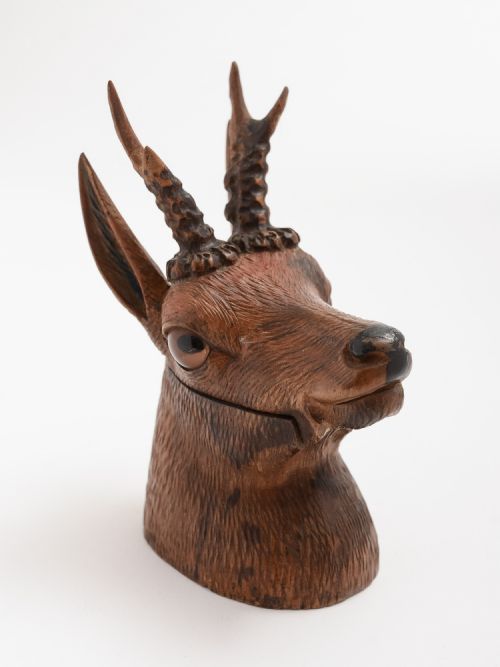 Carved Black Forest Stags Head Ink Pot