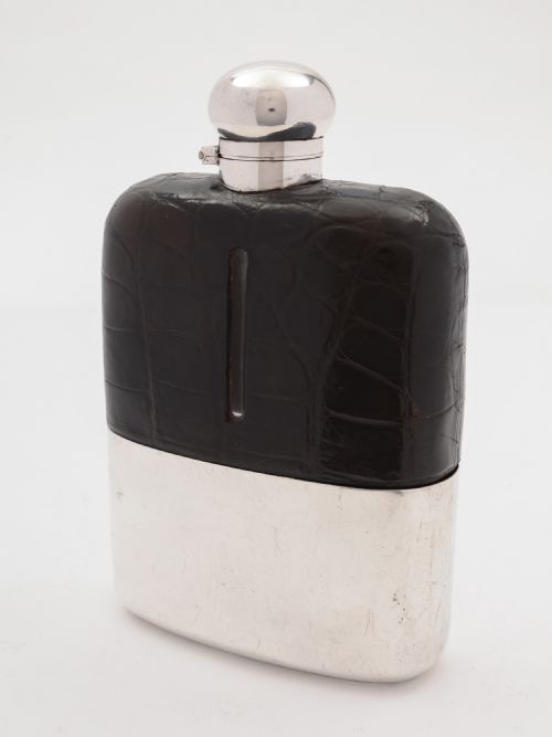 A Large Edwardian Crocodile Leather Hip Flask