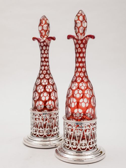 A Pair of Bohemian Decanters with Ruby Overlay on Clear Glass, Circa 1880