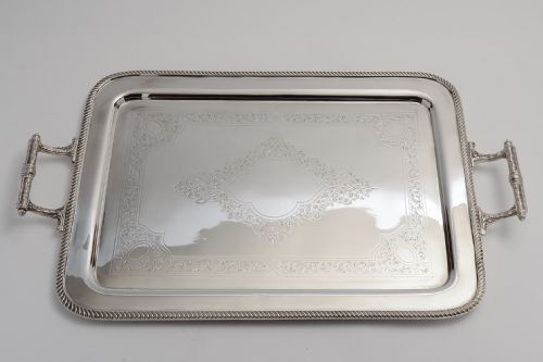 Edwardian Large Oblong Silver Plated Hand-engraved Tray with Handles, Circa 1900