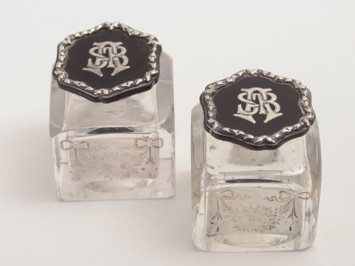 Pair of Edwardian Tortoise Shell and Silver Topped Cut Glass Ink Pots, Hallmarked London 1906