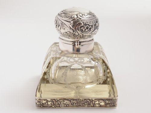 Continental Silver and Etched Glass Ink Pot, Circa 1900