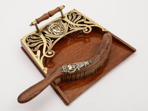 Art Nouveau Oak and Brass Crumb Tray and Brush, Circa 1900