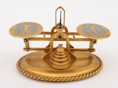 fig 1. Early Victorian Gilded Brass and Enamel Postal Scales