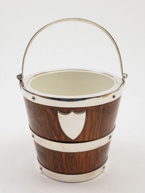 Victorian Oak and Silver Plate Ice Bucket, Circa 1890