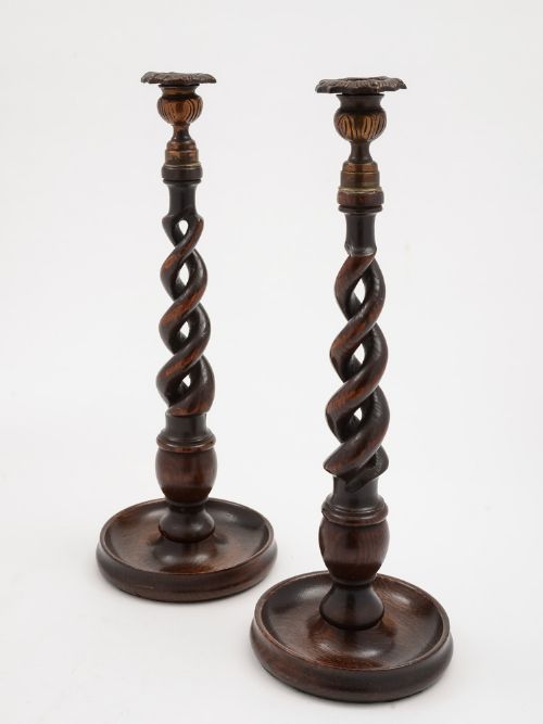Pair of English Oak Open Barley Twist Candlesticks, Circa 1920