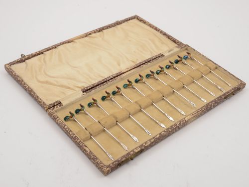 Set of 12 Silver and Enamel Cocktail Sticks, 1928