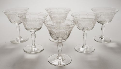Set of 6 Engraved Champagne Glasses, Circa 1920