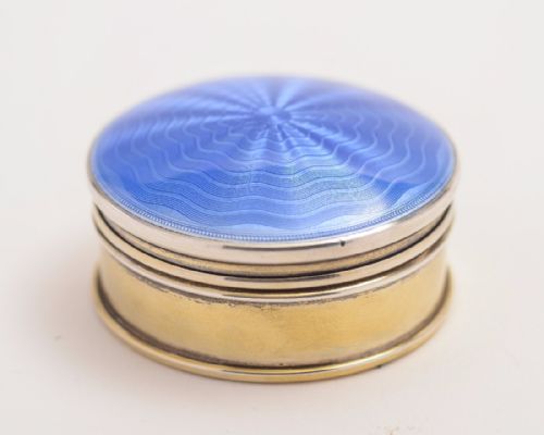 Silver Pill Box with Blue Guilloche Enamel Top, Birmingham 1923