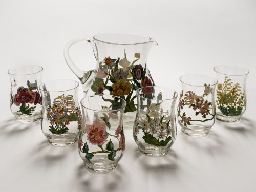 Hand Painted Water Jug & Glass Set, Circa 1930