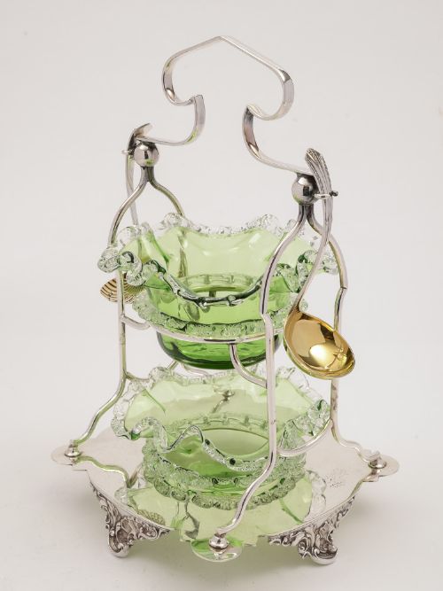 Glass Cream & Sugar in 2 Tier Stand, Circa 1890