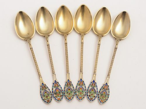 fig 1. 6 Silver Gilt Enamel Teaspoons (Possible Royal Connection)