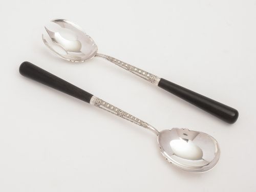 Pair of Arts & Crafts Ebony Handled Salad Servers, Circa 1900