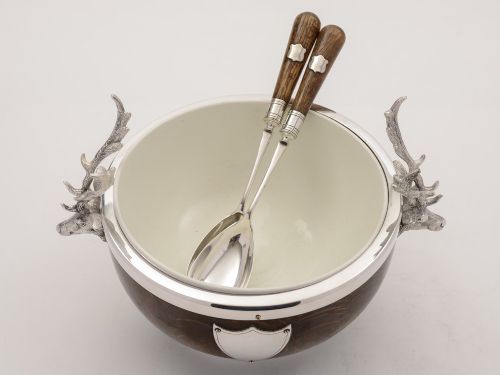 fig 1. Victorian Oak and Silver Plated Salad Bowl and Servers, Circa 1890