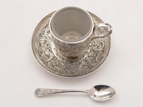 fig 1. Victorian Christening Cup, Saucer & Spoon, Circa 1890