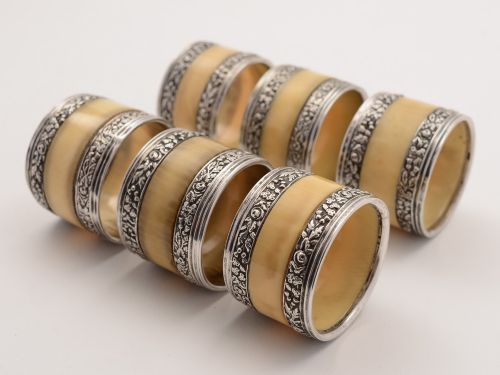 Victorian Set of 6 Silver & Bone Napkin Rings, 1891