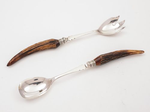 Edwardian Silver and Antler Handled Salad Servers