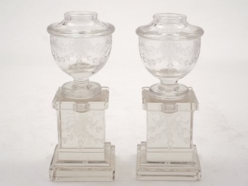 Pair of Miniature Glass Urns on Stands, Circa 1905