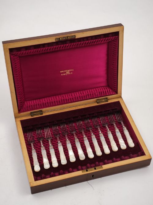 fig 1. Mother of Pearl and Silver 24 Piece Dessert Set, Sheffield 1903