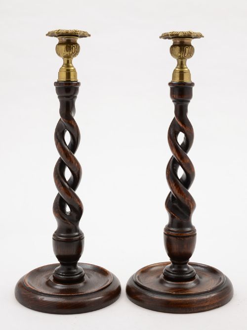 Pair of Oak Open Barley Twist Candlesticks, Circa 1920