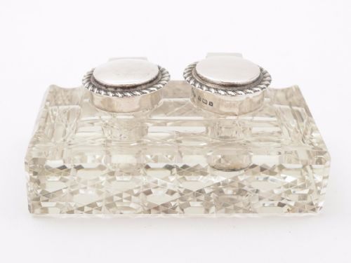 Edwardian Silver Topped Cut Glass Double Ink Pot, Birmingham 1901