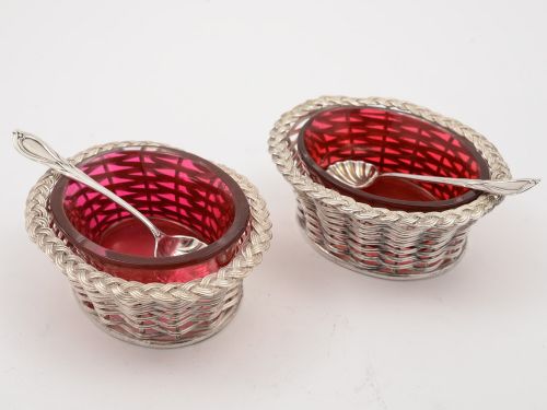 Pair of Novelty Victorian Basket Weave Salts, Circa 1870