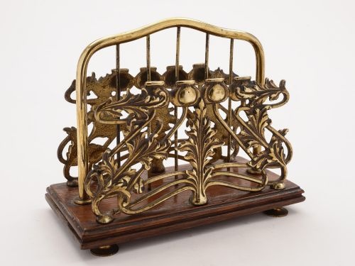 Art Nouveau Brass and Oak Letter Rack, Circa 1900