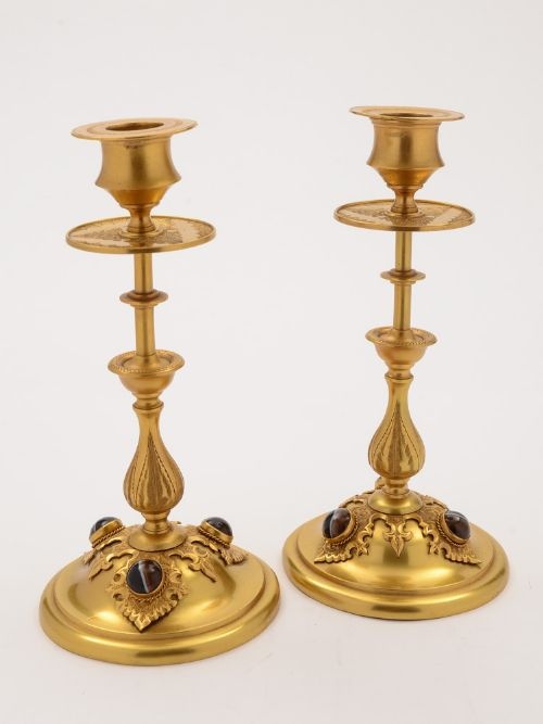 Pair of Victorian Brass Gilt and Agate Candlesticks, Circa 1880