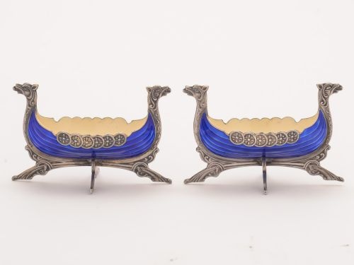 Pair of Norwegian Guilloche Enamelled Salts, Circa 1930