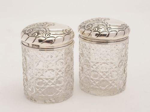 Pair of Edwardian Silver Topped Trinket Jars, Birmingham 1906