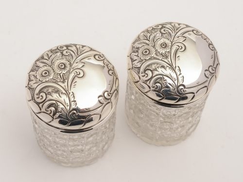 fig 1. Pair of Edwardian Silver Topped Trinket Jars, Birmingham 1906
