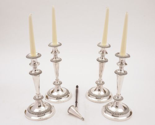 Set of 4 Victorian Silver Plated Candlesticks and Snuffer, Circa 1880