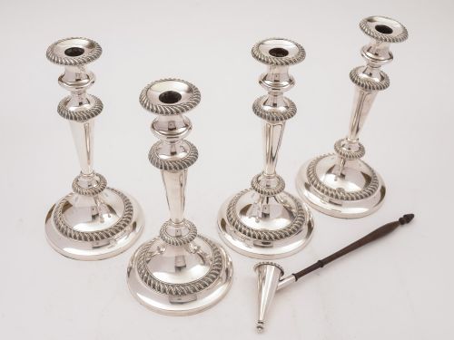 fig 1. Set of 4 Victorian Silver Plated Candlesticks and Snuffer, Circa 1880