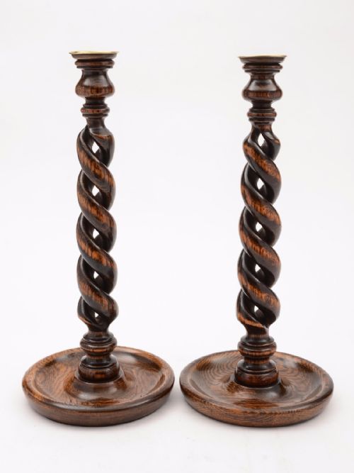Large Pair of Oak Open Barley Twist Candlesticks, Circa 1920