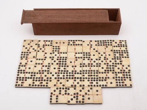 Mahogany Boxed Set of Nines Dominoes, Circa 1900