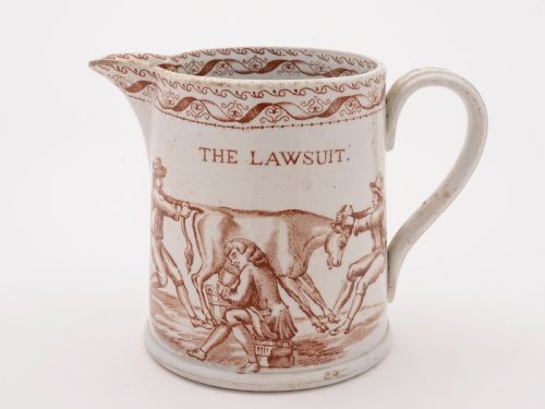Victorian Comedic Transfer Printed 'Lawsuit' Pottery Jug, Circa 1880